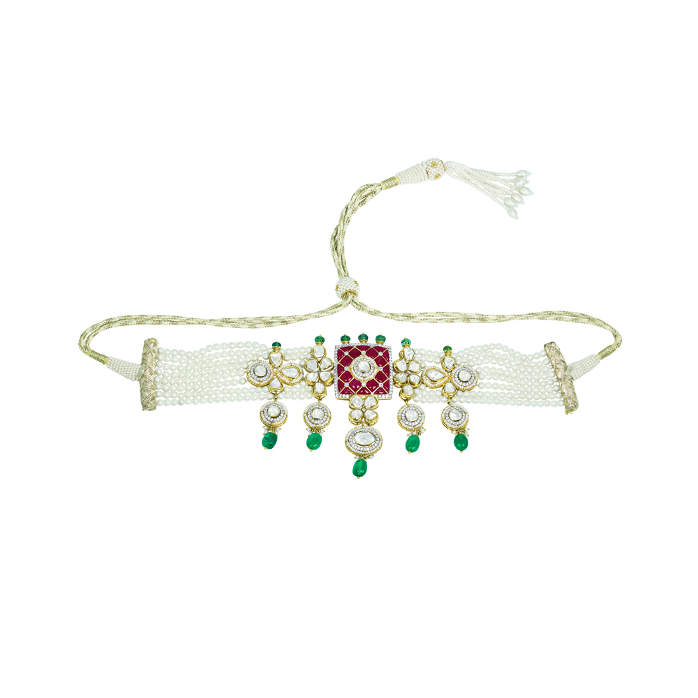 Pearl Choker with Ruby Talaf, Polki, and Emerald Drops